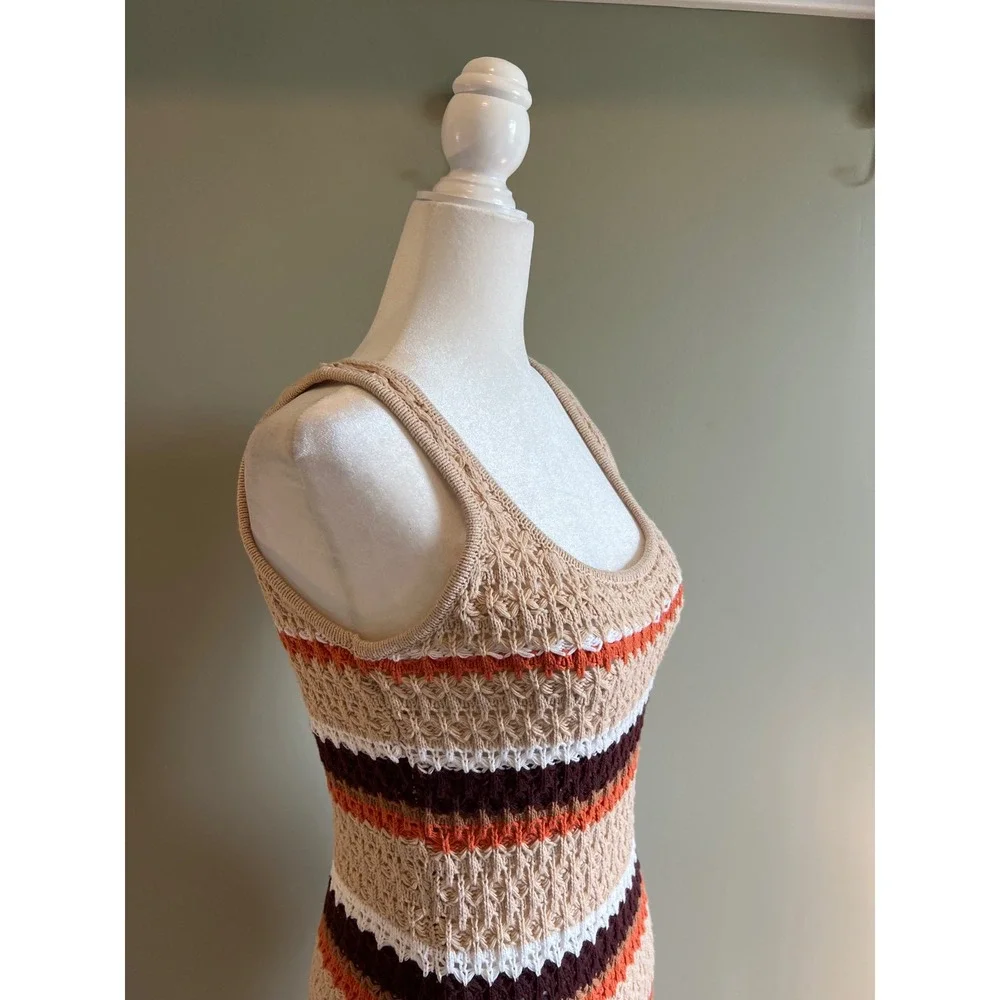 Paper Heart Crochet‎ Knit Striped Maxi Dress Tan Orange Brown Boho Sleeveless M
